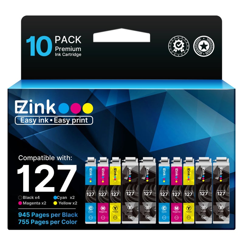 E-Z Ink Remanufactured Ink Cartridges Replacement for Epson 127 T127 to use with NX530 625 WF-3520 WF-3530 WF-3540 WF-7010 WF-7510 7520 545 645 (4 Large Black, 2 Cyan, 2 Magenta, 2 Yellow) 10 Pack - Image 1